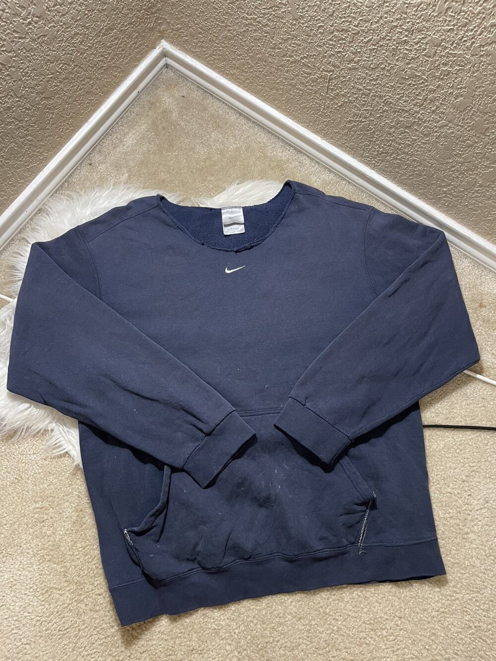 Vintage Nike Sweatshirt Mens L Navy Blue Center Swoosh Crewneck Faded y2k Logo